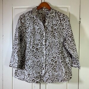 Chicos 3 Animal Print Button Down Shirt Brown White‎ Wrinkle Resistant Cotton XL